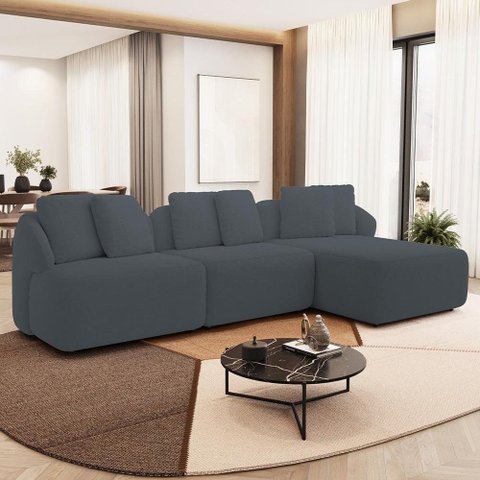 Sofá 4 Lugares com Chaise Direito Sala Living 288cm Arlo F04 Bouclê Grafite - Lyam Decor