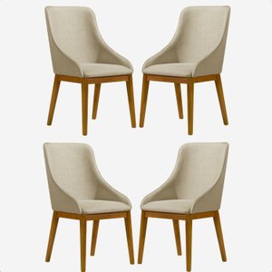 Kit 4 Cadeira de Jantar Estofada Ísis Linho Bege Base Madeira Castanho