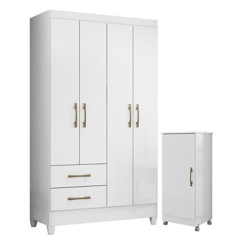 Guarda Roupa Solteiro Chile e Armário Multiuso Lírio Branco Brilho – Moval