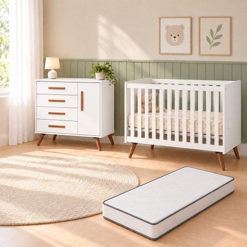 Kit Quarto de Bebê Q Encanto Retrô com Berço Mini Cama Cômoda Sapateira e Colchão D18 130x70 Movellu