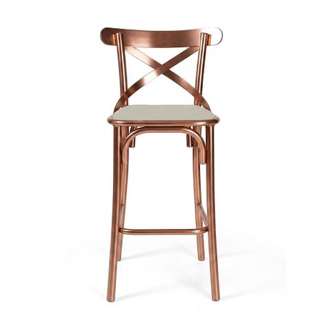 Banqueta Cross Alta para Cozinha em Aço Cobre com Encosto X e Corano Sofisticada Home Design - Bege