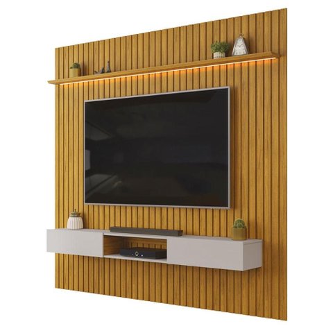 Painel Trento para TV com Bancada 250 Ripado Cedro Bali com LED- DJ Móveis