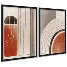 Kit 2 Quadros Elegantes Abstratos Linhas Bege Terracota 33x24cm - com Vidro:moldura Branca - 1