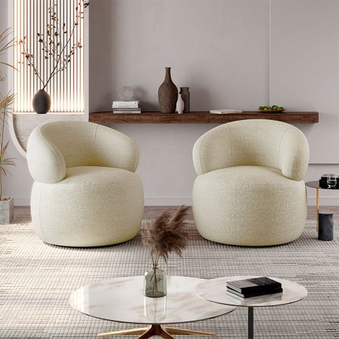 Conjunto 2 Poltronas Orgânica Funcional Atemporal Base Giratória Eloah Bouclé Italiano Bege