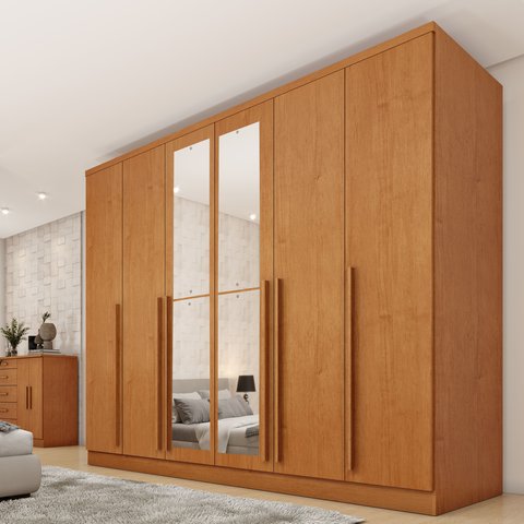 Guarda-Roupa Casal com Espelho 6 Portas 8 Gavetas e Puxador MDF Yescasa Cinamomo Portugal