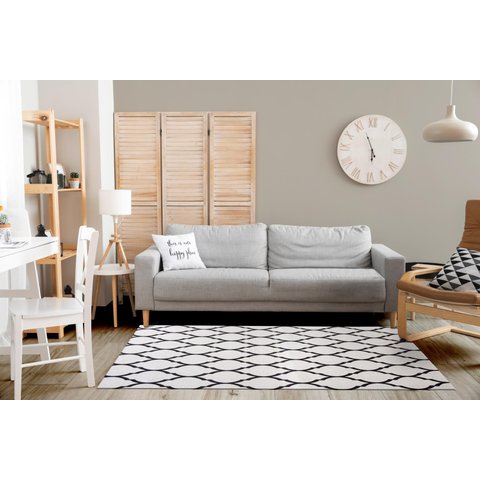 Tapete Sala ou Quarto Antiderrapante 2,00M x 1,32M Arabesco Geométrico Branco e Preto