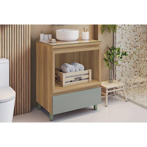 Gabinete de Banheiro Balcão Rainha C/ 1 Gaveta e 1 Nicho 70cm Nature/verde - Nesher