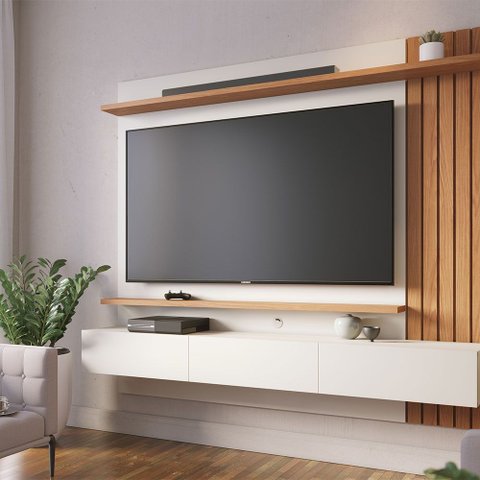 Painel Tv 70 Pol 180cm Bancada Suspensa Ripado Luca Off White Matte/freijó C04 - D’Rossi