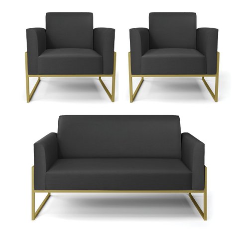 Sofá Namoradeira com 2 Poltronas Base Industrial Alta Dourado Marisa Corino Preto D03 - D’Rossi Dros