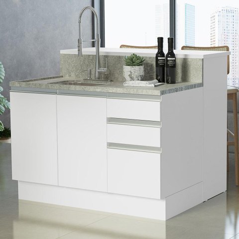 Ilha de Cozinha com Bancada e Balcão 120 Cm Branco Glamy Madesa Branco