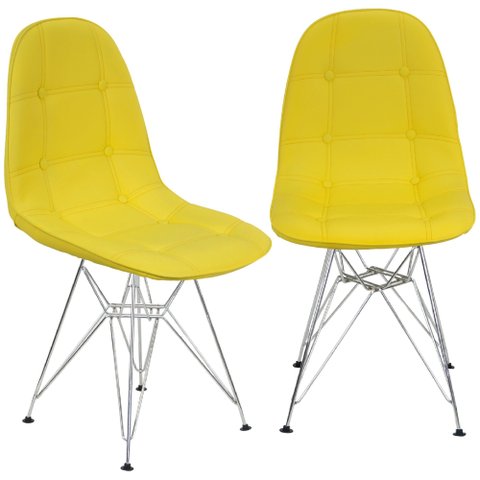 Kit 2 Cadeiras Estofadas Charles Eames Eiffel Botonê com Pés de Metal Cromado Amarelo Multicolorido
