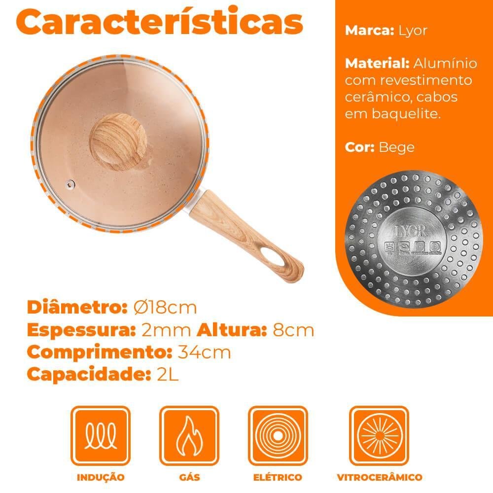 Panela Revestimento Antiaderente Cerâmica de Indução Bege 18cm - Lyor - 5