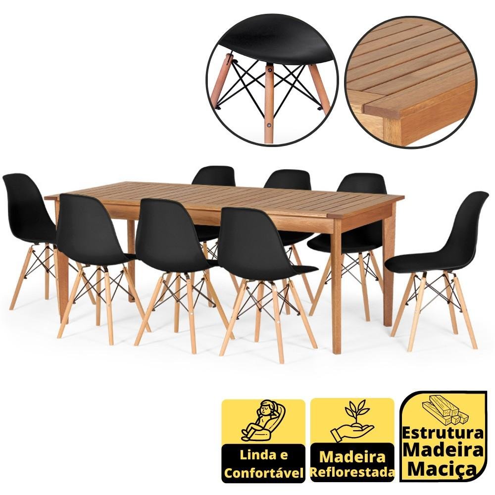 Conjunto Mesa de Jantar Retangular em Madeira Maciça 186cm com 8 Cadeiras Eames Eiffel - Preto - 2