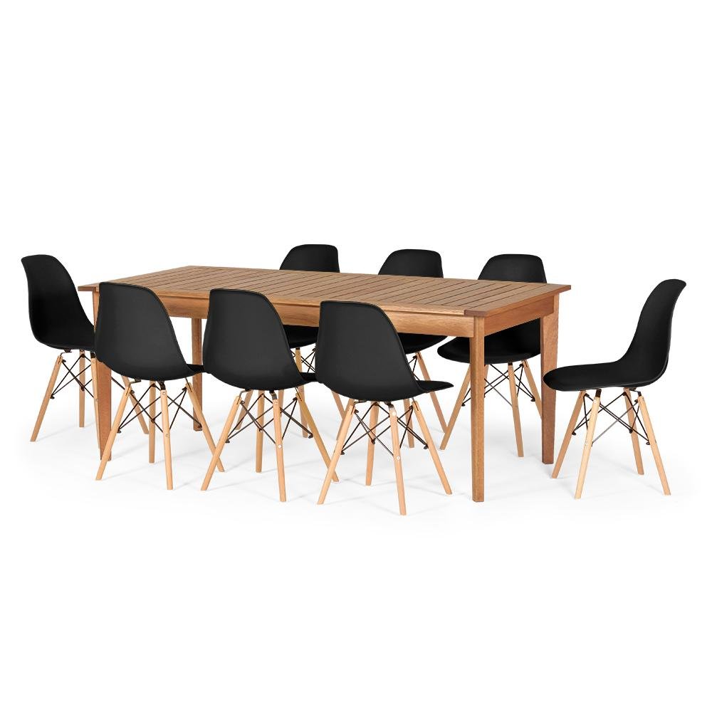 Conjunto Mesa de Jantar Retangular em Madeira Maciça 186cm com 8 Cadeiras Eames Eiffel - Preto