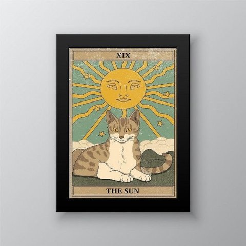 Quadro Decorativo Carta Tarot Sol Gato 24x18cm:Madeira branca