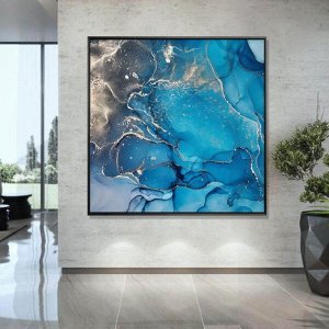 Quadros com Moldura Chanfrada Abstrato Azul com Dourado Grande