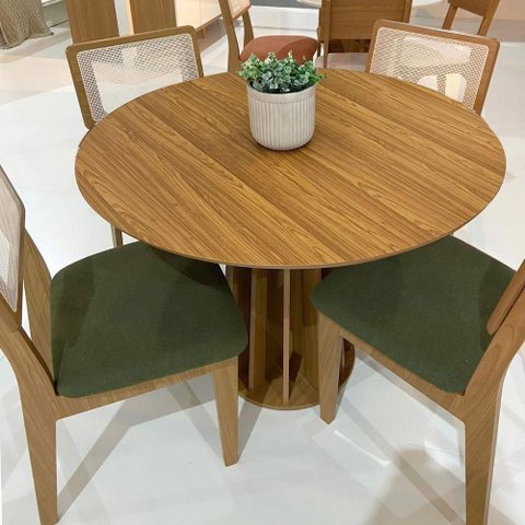 Conjunto de Jantar Mesa Redonda Mdf e 4 Cadeiras Tela Palha Cor:freijó e Verde