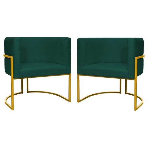 Kit 2 Poltronas Decorativa Luxo Base de Metal Dourada Escritório Recepção Sala Suede Verde Eli Móvei