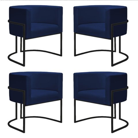 Kit 4 Poltronas Reforçada Decorativa Sala Nayara Base Ferro Preto Suede Azul Marinho