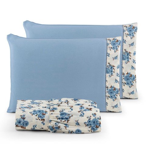 Jogo de Lençol Queen 3 Peças 180 Fios Algodão Estampado:florzinha-azul
