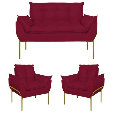 Kit 02 Poltronas + Namoradeira Reforçada Opala Metal Dourado Marsala