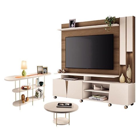 Estante Home Theater Virtus Castanho Off White com Mesa de Centro Sky e Aparador Infinity Off White