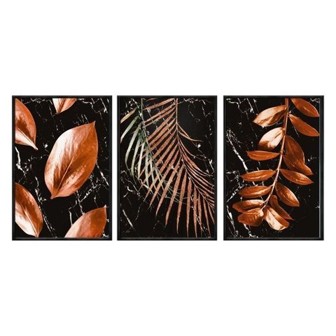 Kit 03 Quadros Decorativos - Natureza Folhas Bronze Marmore Flnt052 - Tela Canvas - 60x80cm