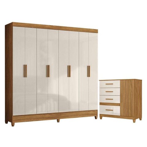Guarda Roupa Casal e Cômoda Marajó Vênus 8 Portas 2 Gavetas MDP Moderno Freijó Off White Brilho