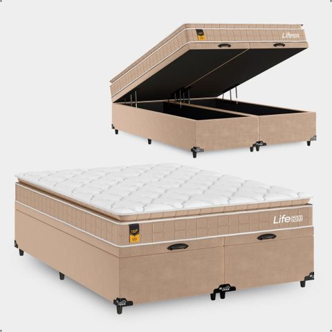 Cama Box Baú Casal Bipartido + Colchão Life D33 Pillow Top 61x138x188cm - Bege - e-Shop Casa