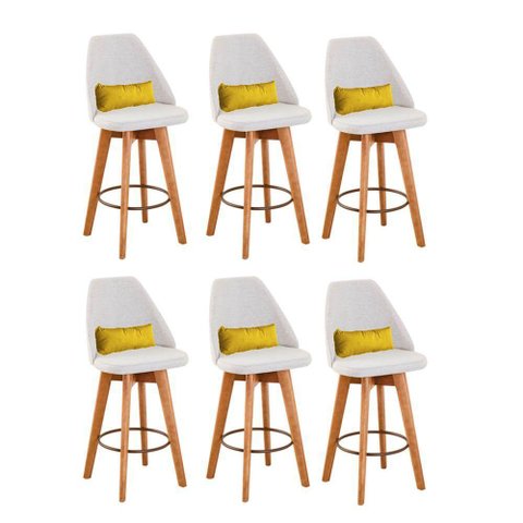 Kit 06 Banquetas Linho Bege e Almofada Suede Amarelo