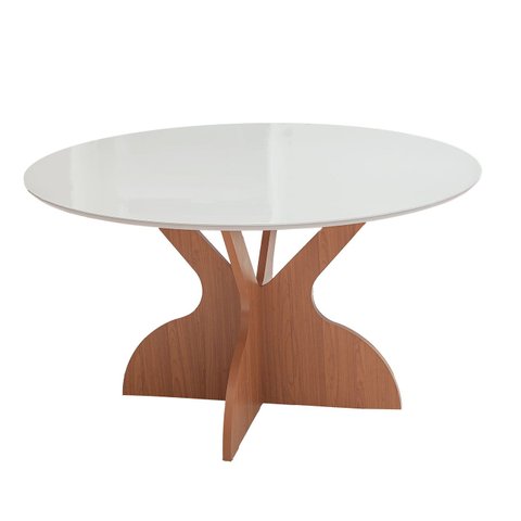 Mesa de Jantar Redonda 1,35m com Tampo de Vidro Dalla Costa Cor:off White com Freijó