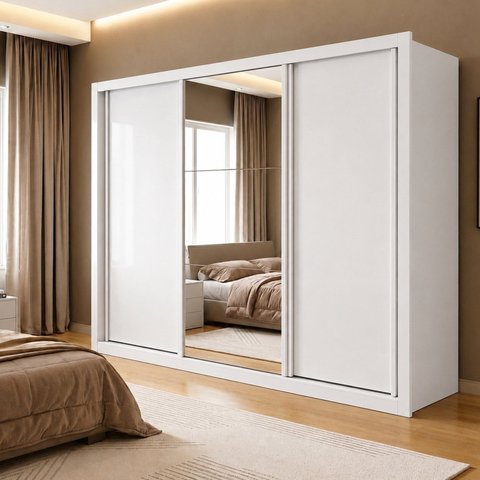 Guarda Roupa Casal com Espelho 3 Portas de Correr e 6 Gavetas 242cm Premium Jade