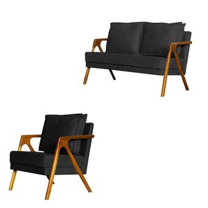 Kit 1 poltrona Marilia + Namoradeira Marilia Recepção - Suede Preto