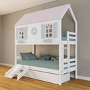 Ver imagem 1 de Beliche Casinha Bela com Coração 2 Gavetas Kit Escada/escorregador - Madeira Maciça Branco/rosa/