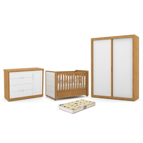 Dormitório Tutto New 2 Portas, Cômoda 1 Porta e Berço Freijó/branco Soft com Capitonê e Colchã