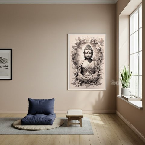 Quadro Buda Símbolo de Serenidade e Paz Interior - 70x50cm:moldura Branca