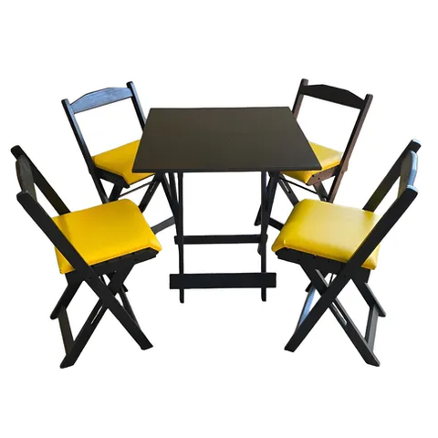 Conjunto Mesa Dobrável com 4 Cadeiras Preto Estofado Amarelo Kit Bar Restaurante