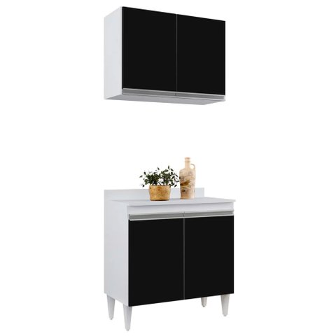 Armário Aéreo Califórnia e Balcão Hawai 80cm com Tampo Branco/preto - Lumil Móveis