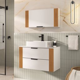 Conjunto Gabinete Banheiro Taos 80cm (armário + Cuba + Espelheira + Tampo Vidro) - 1