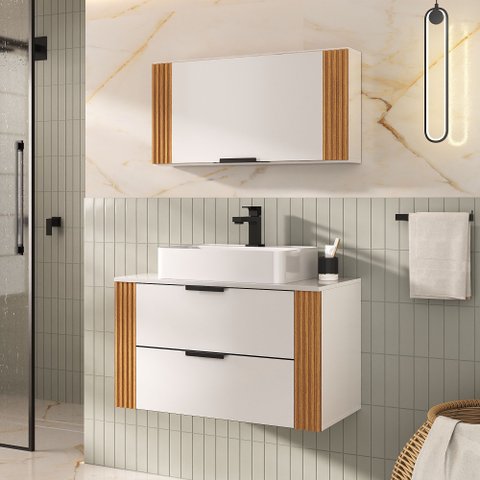 Conjunto Gabinete Banheiro Taos 80cm (armário + Cuba + Espelheira + Tampo Vidro)