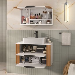 Conjunto Gabinete Banheiro Taos 80cm (armário + Cuba + Espelheira + Tampo Vidro) - 4
