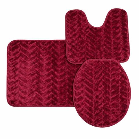 Jogo de Banheiro Tapete Linhas 3 Peças Poliéster Base Antiderrapante Vermelho Casa Scarpa