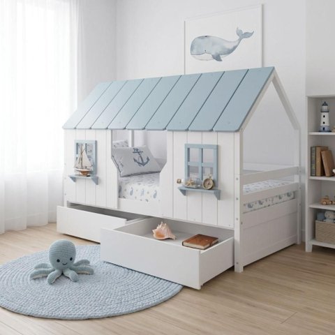 Cama Casinha Encantada com 02 Gavetas Madeira Maciça Branco/ Azul Housin