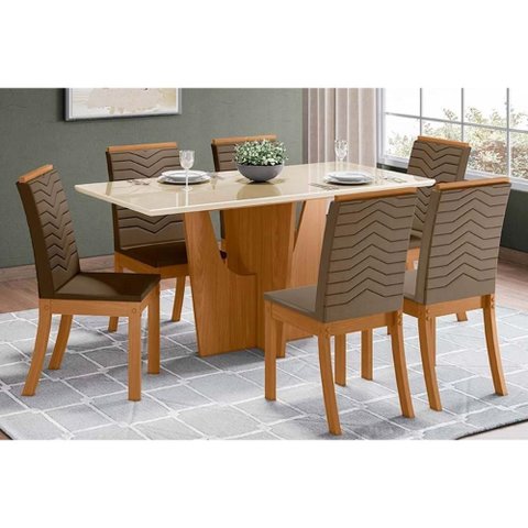 Conjunto: Mesa de Cozinha Vértice C/ Tampo Reto Madeirado C/ Vidro 160x80cm e 6 Cadeiras Isa Nature