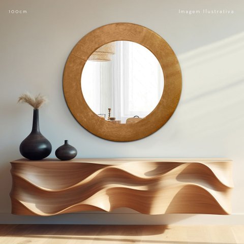 Espelho Decorativo Madrid Corino 100cm Redondo Caramelo