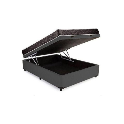 Cama Box com Baú Casal Cama Box Baú Casal Espuma Macia Acoplado Courino Sintético Cinza 138cm