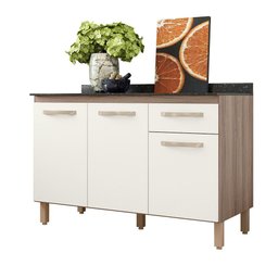 Balcão para Cozinha Fit 120cm Carvalho Nature/off White Cristal com Tampo - Nicioli - 1 Balcão para Cozinha Fit 120cm Carvalho Nature/off White Cristal com Tampo - Nicioli - 1