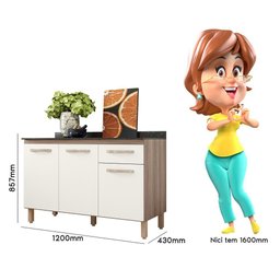 Balcão para Cozinha Fit 120cm Carvalho Nature/off White Cristal com Tampo - Nicioli - 4 Balcão para Cozinha Fit 120cm Carvalho Nature/off White Cristal com Tampo - Nicioli - 4