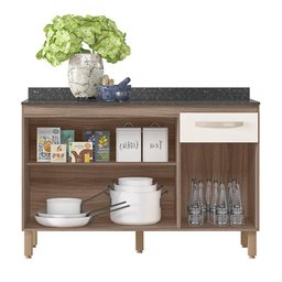 Balcão para Cozinha Fit 120cm Carvalho Nature/off White Cristal com Tampo - Nicioli - 3 Balcão para Cozinha Fit 120cm Carvalho Nature/off White Cristal com Tampo - Nicioli - 3