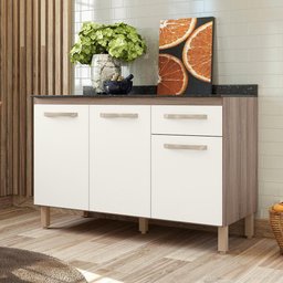 Balcão para Cozinha Fit 120cm Carvalho Nature/off White Cristal com Tampo - Nicioli - 2 Balcão para Cozinha Fit 120cm Carvalho Nature/off White Cristal com Tampo - Nicioli - 2